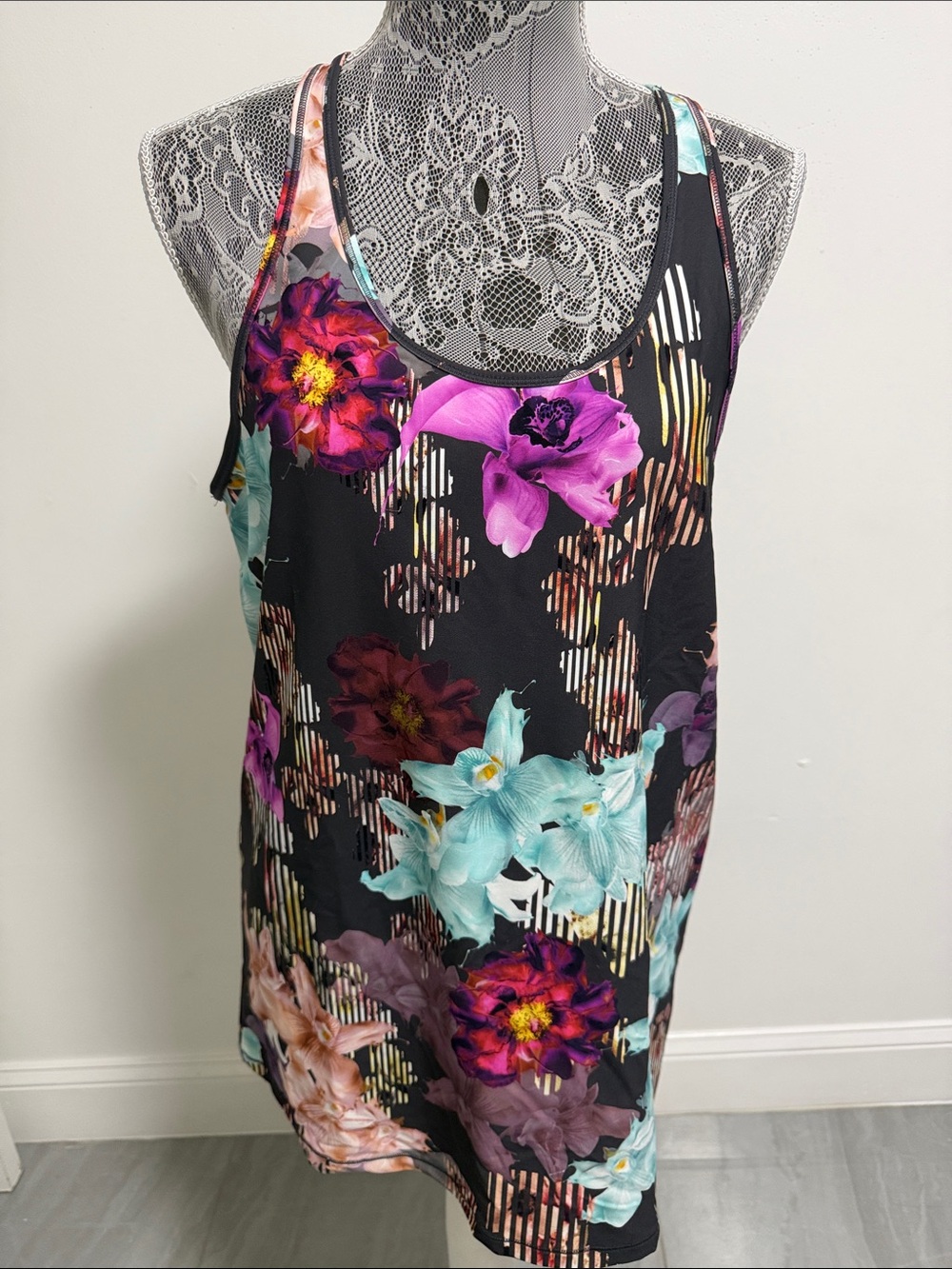 Alia Black Floral Racerback Tank with Teal, Fuchsia & Purple Blooms